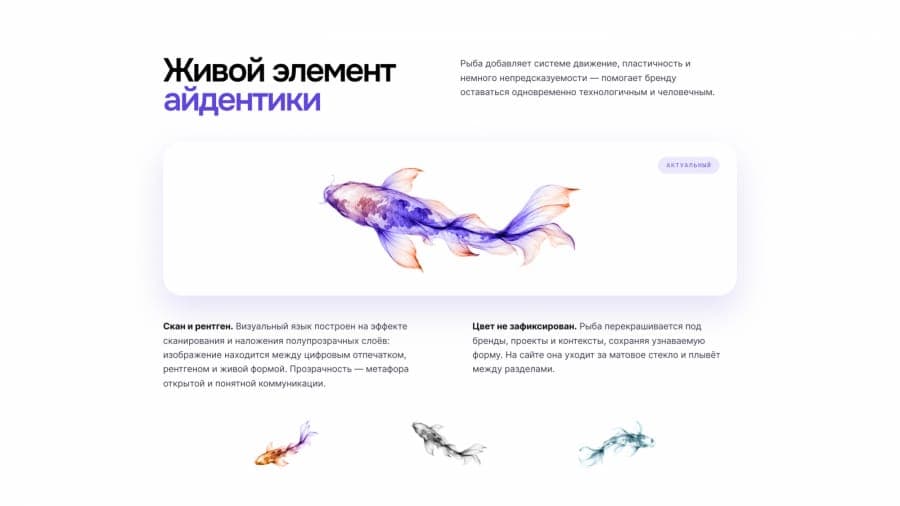 A Russian-language brand page titled "Живой элемент айдентики" ("A living element of the identity") showing a translucent purple, red and blue koi fish, with smaller orange, grayscale and teal fish variants below. The text describes the fish as a scan/X-ray-style visual element.