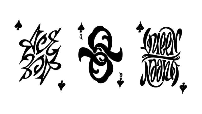 The image presents three distinct playing cards, each with a unique design, arranged in a row against a white background. The cards are black and feature stylized text and symbols. The first card on the left displays the word "ace" in a stylized, possibly graffiti-like font. The second card features a stylized "Q" with