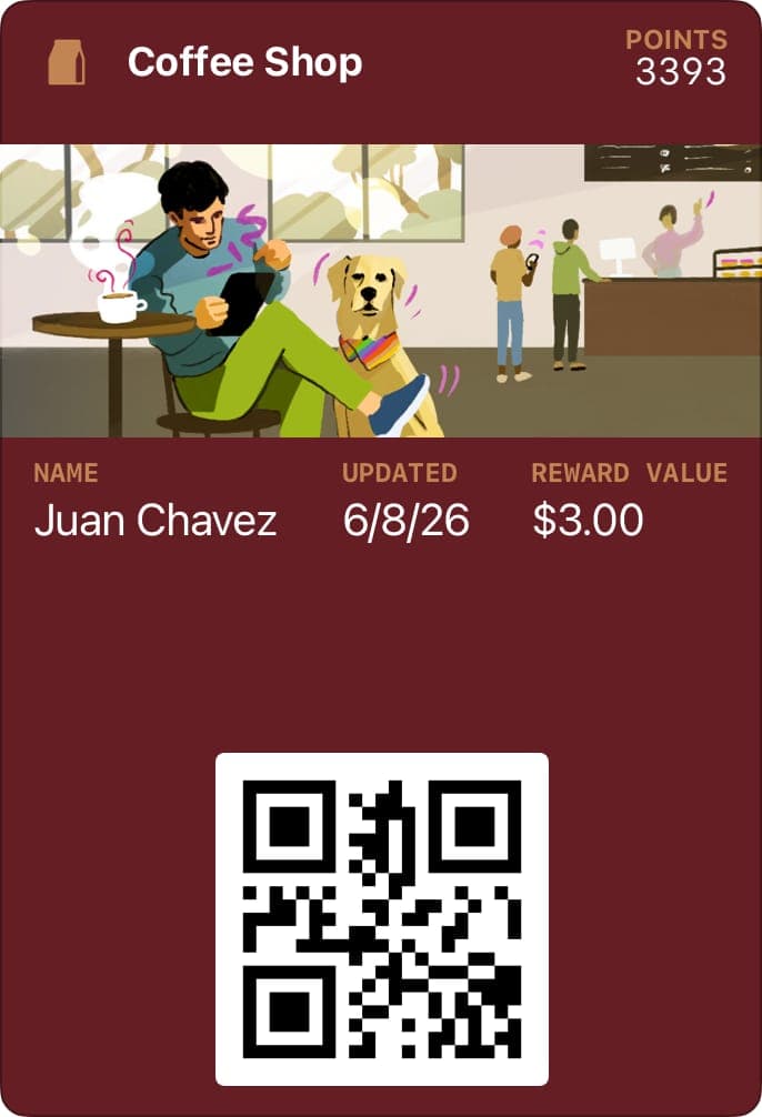 The image shows a digital coffee shop card. The card is predominantly maroon/dark red in color and features a QR code in the bottom center. The card displays the name "Juan Chavez" and the number "3393" in the top right corner. The card also shows the reward value of $3.00. The background of the card features a coffee