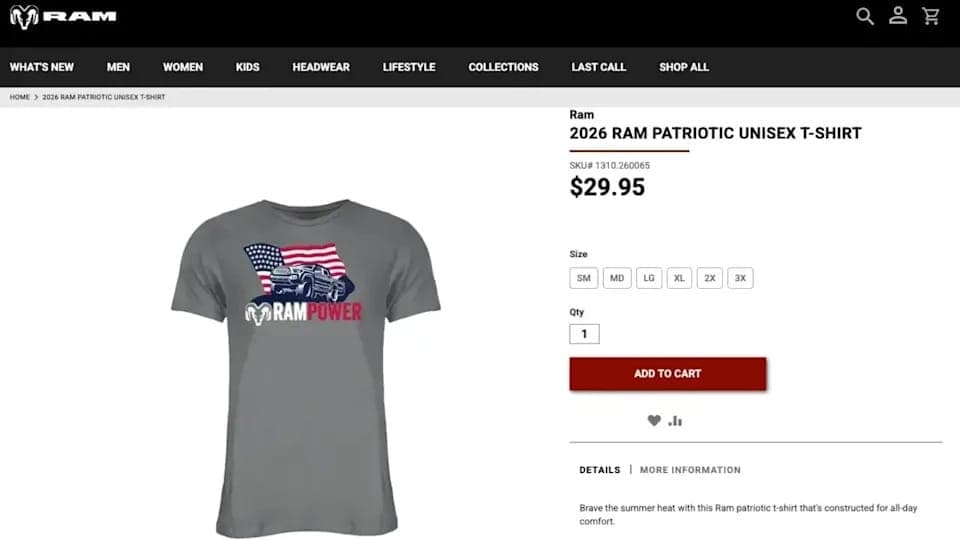 The image showcases a gray RAM Patriotic Unisex T-shirt, prominently displayed on a product page from the website. The t-shirt features a graphic design of a Ram truck with an American flag, and the text "RAM PATRIOTIC UNISEX T-SHIRT" is visible on the front. The product page also includes a "Add to Cart" button, a "Si