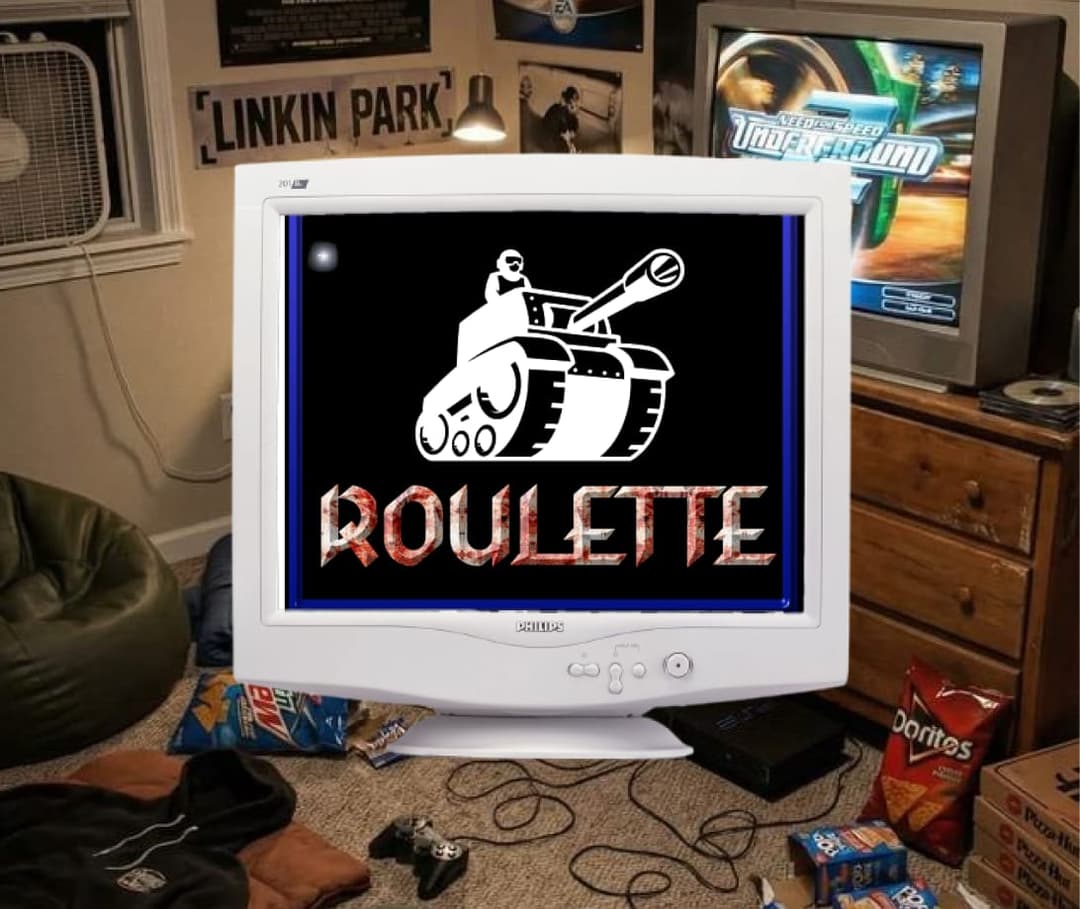 The image shows a room with a white CRT monitor displaying a black and white image of a tank with a soldier on top, along with the word "Roulette" written in red and white text. The monitor is positioned on a carpeted floor, with a brown beanbag chair, a DVD player, a DVD, and a bag of Doritos nearby. A small portion o