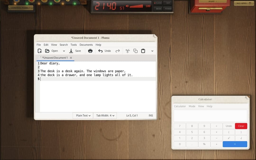 The image shows a computer screen displaying a text document titled "Unsaved Document 1 - Pluma" in a light beige or cream-colored window. The document is titled "Dear diary" and is numbered 1. The text on the document is a heartfelt message about the desk being a desk again, with the windows being paper, the dock a dr