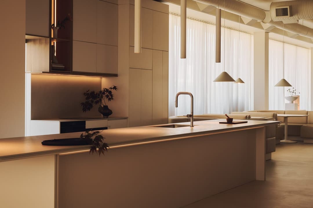 The image depicts a modern kitchen with a large white countertop and a stainless steel sink. A small plant is placed on the countertop, and a small, dark-colored object, possibly a bowl or container, is also present. The kitchen features white cabinets and a light beige or cream-colored backsplash. Above the countertop