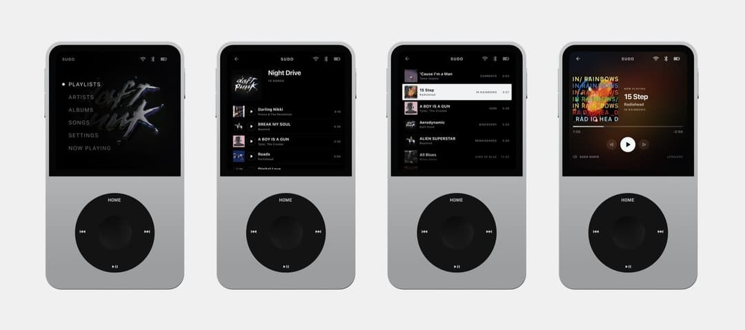 The image presents a collection of four gray iPod devices, each displaying a different album or playlist. The first iPod on the left shows the "Daft Punk" album, featuring a black and white cover image of the album's title. The second iPod on the left displays the "Night Drive" album, featuring a black and white cover