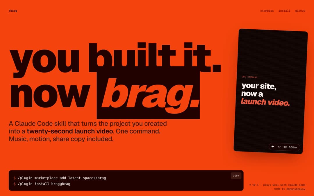 The image showcases a website design for a project called "You Built It Now Brag". The website is primarily orange with black text and a black and white logo. The text "You built it. Now brag." is prominently displayed in a large, bold font. The website also features a sidebar with a black background and white text, in