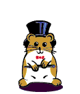 The image features a hamster as the main subject. The hamster is standing upright on its hind legs, with its front paws resting on its hind legs. It is wearing a black top hat with a blue band and a red bow tie. The hamster is also holding a small, dark-colored object in its paws, which could be a wand or a small micro