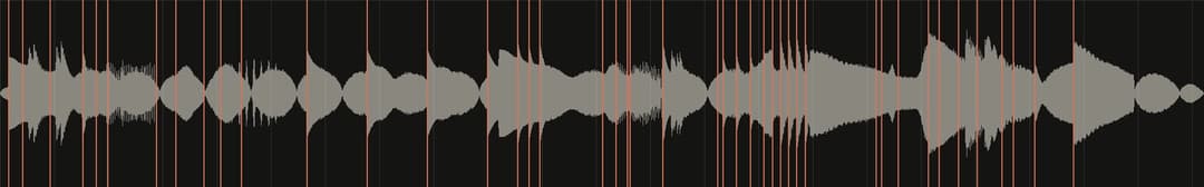 The image presents a waveform, a representation of sound, that is primarily composed of vertical lines of varying thicknesses. The lines are primarily a light gray or beige color, with some darker gray or brown lines interspersed. The waveform is set against a black background, which accentuates the gray lines and crea