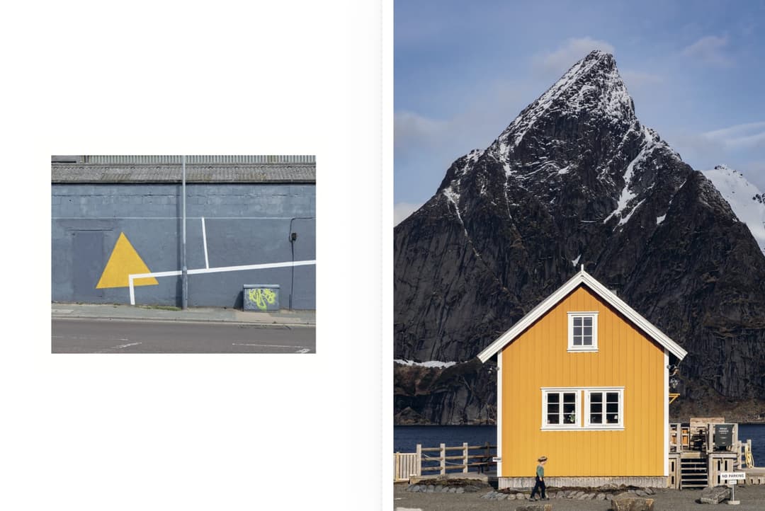 The image is a diptych, divided into two distinct sections. On the left side, a vibrant mural is painted on a gray wall, featuring a yellow triangle and a white line. The mural also includes a small, dark-colored object near the bottom left corner. On the right side, a quaint yellow wooden cabin with a white roof stand