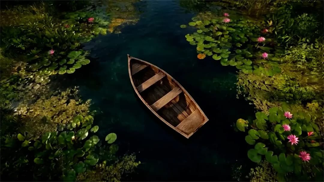 A top-down view shows a wooden rowboat floating on dark, still water surrounded by lily pads and pink water lilies. No text is visible.