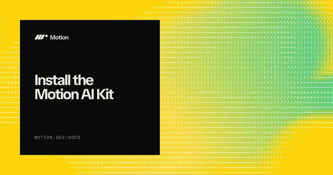 The image presents a black box with the text "Motion" and "Motion AI Kit" written in white, set against a vibrant yellow background. The box is positioned on the left side of the image, while the text is centered and aligned with the top and bottom edges. The background features a gradient of yellow and green, with a p