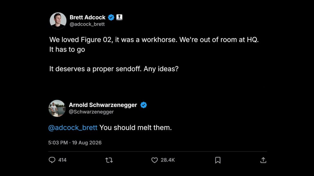 The image shows a Twitter conversation between two users, @adcock_brett and @Schwarzenegger. The conversation is centered around the popular TV show "Figure 2", which is described as a workhorse. The tweet by @adcock_brett states that they loved the show and are out of room at HQ. The tweet by @Schwarzenegger suggests