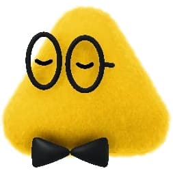 The image presents a 3D rendering of a yellow, pyramid-shaped object with a black bow tie. The object has two black circles representing eyes, with a small black line indicating a nose. The object is set against a stark black background, which highlights its vibrant yellow color and black features.