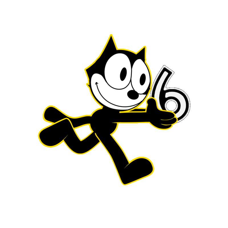 The image features a cartoon character, likely Felix the Cat, in a dynamic pose. The character is depicted in a black and white color scheme, with a yellow outline that adds a vibrant touch. The character is holding a large number "6" in its right hand, which is raised in a triumphant gesture. The character's body is a