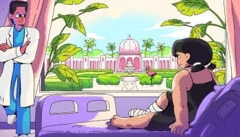 The image depicts a hospital room with a large window that offers a view of a garden with a fountain and a pink building with a dome. A man in a white lab coat stands near the window, while a woman in a black dress sits on a purple couch, her leg in a cast. The room has pink walls and a purple couch. The garden feature