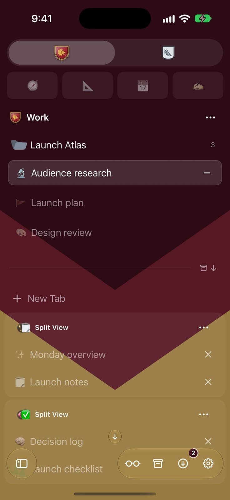 The image shows a phone screen displaying a list of tasks and their status. The top of the screen shows the time as 9:41 and the battery level at 70%. The list includes "Audience research", "Launch plan", "Design review", "New Tab", "Split View", and "Monday overview". The "New Tab" is currently selected. The "Split Vi