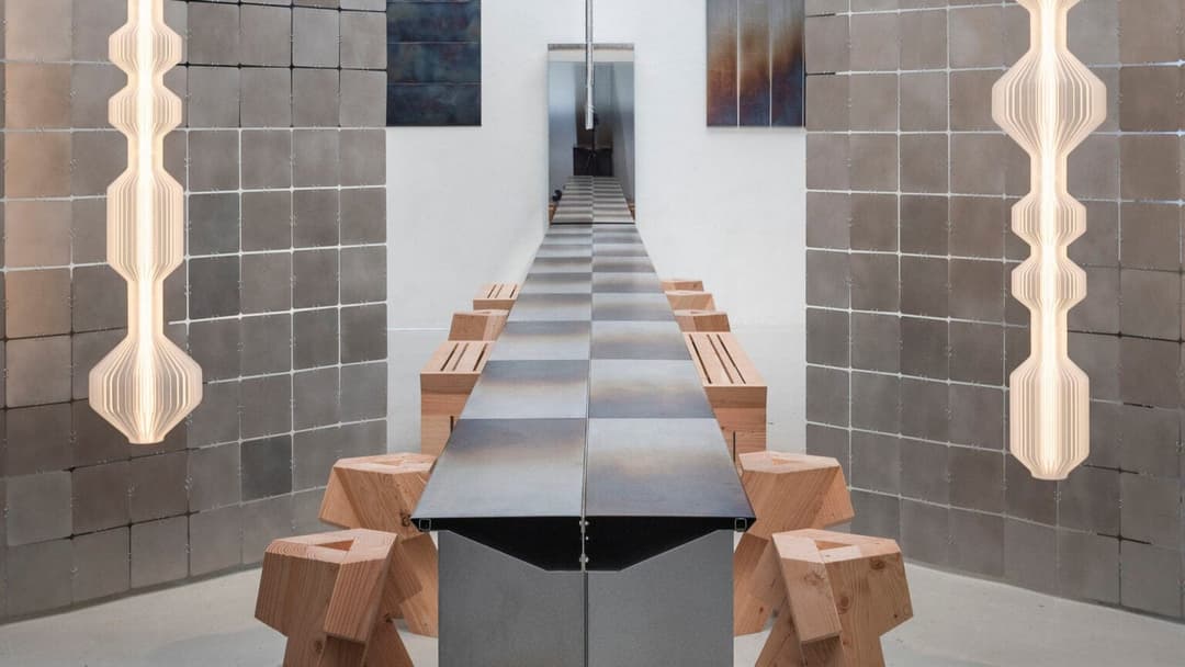 The image depicts a modern art gallery with a minimalist aesthetic. The gallery features a long, rectangular table with a checkered pattern of dark gray and light gray tiles, supported by a metal frame. The table is flanked by wooden stools with a geometric, almost abstract design. The walls are composed of large, squa