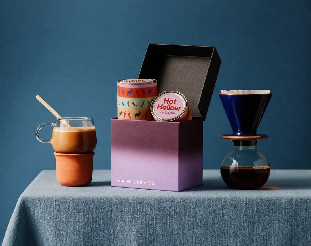 The image presents a still life arrangement on a blue tablecloth. In the center is a purple box with a gradient effect, featuring a black lid and a white label that reads "Hot Hollow". The box contains a can of hot chocolate with a red and orange design, a small tin of hot chocolate with a red and orange design, and a