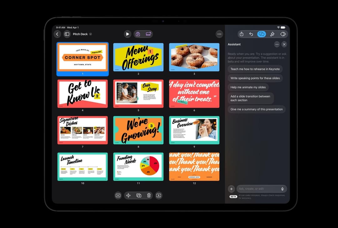 An iPad in Keynote showing a grid of 12 slides titled "Pitch Deck" for Corner Spot, with the Assistant panel open on the right. Visible text includes "Corner Spot," "Menu Offerings," "Funding Needs," and "Thank you!"