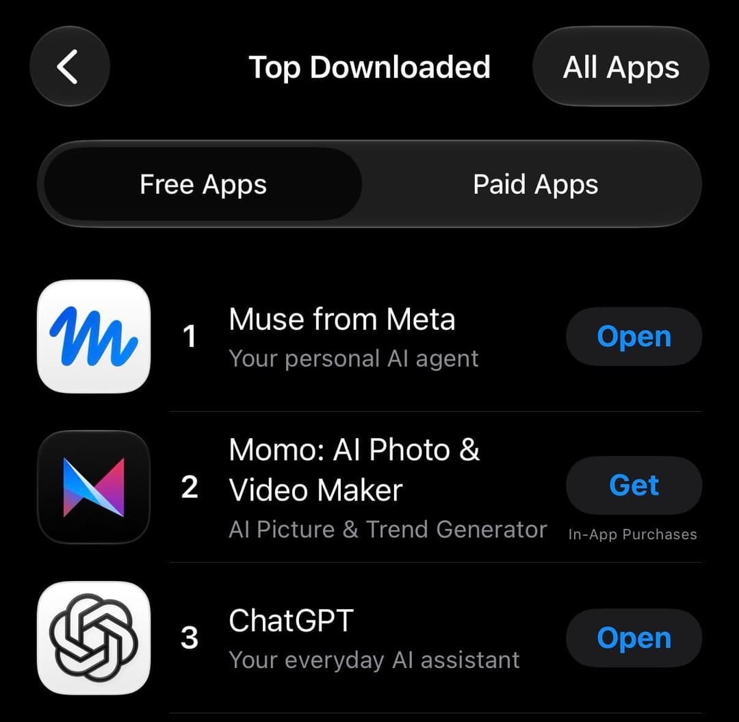The image shows a screenshot of a mobile app store page, displaying the top three apps by popularity. The top of the page features a black background with white text and icons. The first app is "Muse from Meta" with a rating of 1 and a description of "Your personal AI agent". The second app is "Momo: AI Photo & Video M