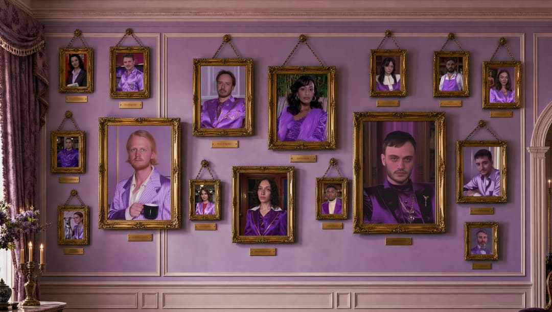 The image depicts a room with a purple wall featuring a collection of framed portraits. The portraits are arranged in a grid-like pattern, with each portrait hanging from a gold-colored frame. The portraits appear to be of the same person, with the person depicted wearing a purple outfit. The frames are hung with gold-
