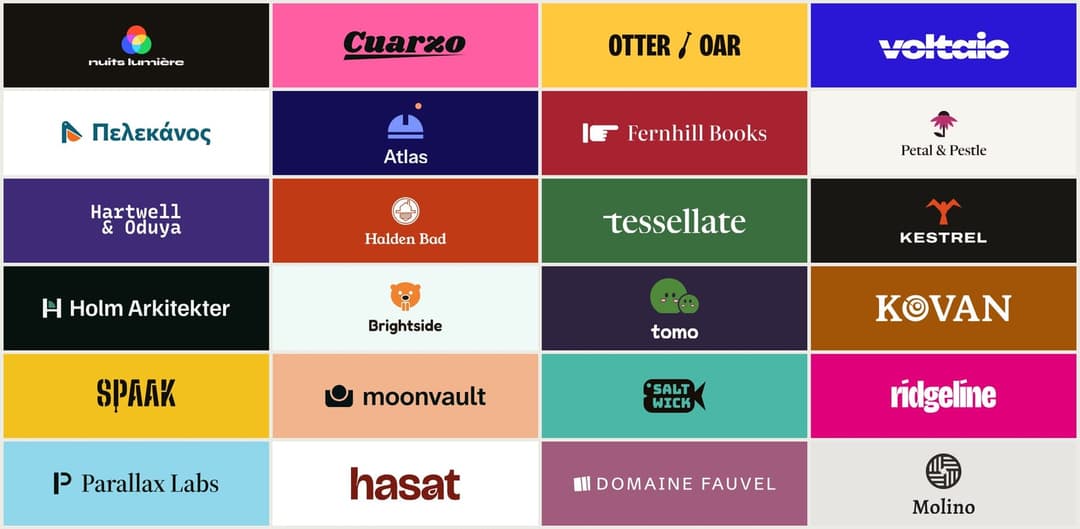 The image presents a grid of sixteen logos, each distinct in color and design, arranged in four rows and four columns. The logos are arranged in a symmetrical pattern, creating a visually appealing and harmonious composition. The logos are primarily in shades of pink, blue, green, and yellow, with some logos featuring