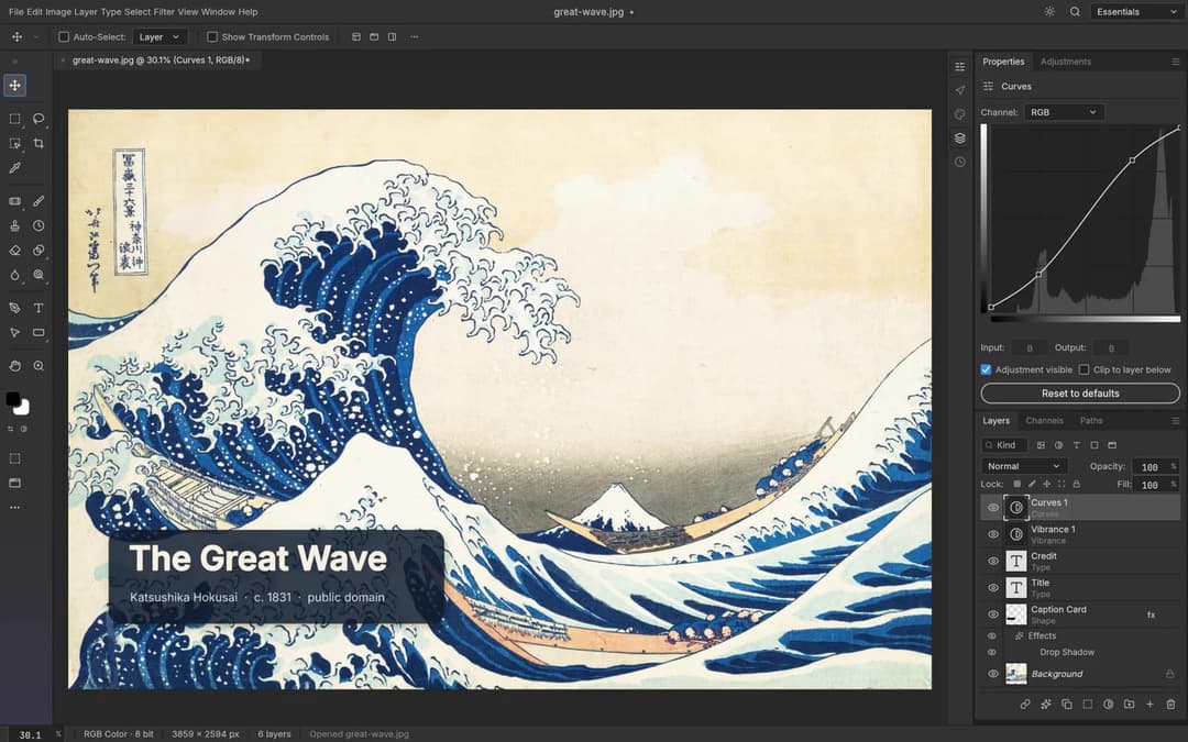 The image shows a digital art piece inspired by the famous Japanese woodblock print "The Great Wave off Kanagawa" by Katsushika Hokusai. The artwork is displayed on a computer screen, with the artist's name and creation date (1831) visible in the bottom left corner. The image is rendered in a palette of blue and white,