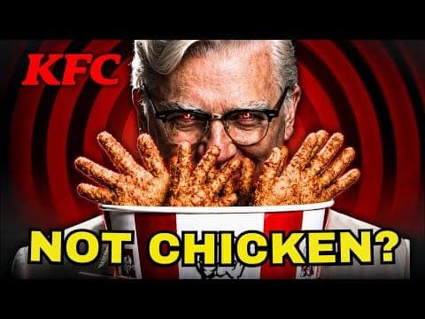The image shows a man with gray hair and glasses, wearing a white shirt, seated in a white and red KFC bucket. He is holding the bucket up to his face, with his hands partially obscured by the contents. The bucket is filled with golden-brown fried chicken pieces. The background is a vibrant red with a black and white s