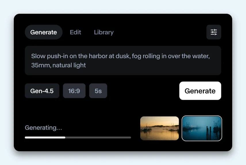 The image is a screenshot of a digital photo editing software interface. The interface is predominantly black with white text and a white progress bar at the bottom. The software interface is divided into three sections: "Generate", "Edit", and "Library". The "Generate" section is currently active, displaying a message
