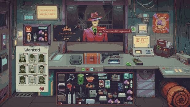 A pixel-art game screenshot of a shop counter with a "Jonathan Wild" nameplate and a "Wanted" poster on the wall. The dialogue box reads "Joe Wild: Hello! Welcome to our little neighborhood," and the shelves hold food, items, and bottles.