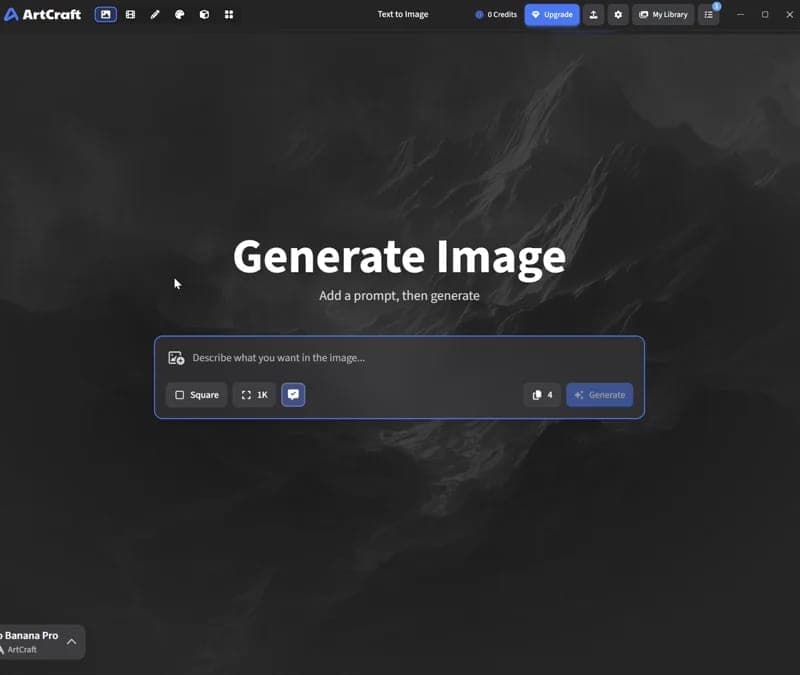 The image shows a screenshot of the ArtCraft app, which is a digital painting application. The app is currently displaying a blank canvas with a gradient background that transitions from dark to light. The title bar of the app is "ArtCraft", and the app's icon is a stylized banana. The app interface is primarily dark g