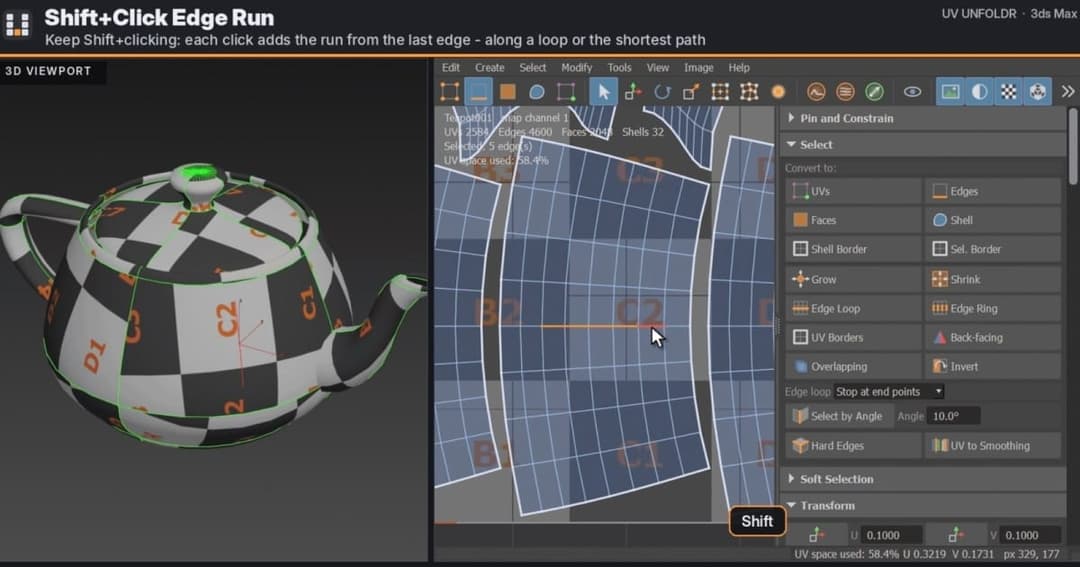 The image shows a 3D rendering of a black and white checkered kettle, with a green handle, positioned on the left side of the screen. The kettle is placed on a dark gray surface. On the right side of the screen, there is a 3D model view of a map, which appears to be a terrain or elevation map, with a light blue backgro