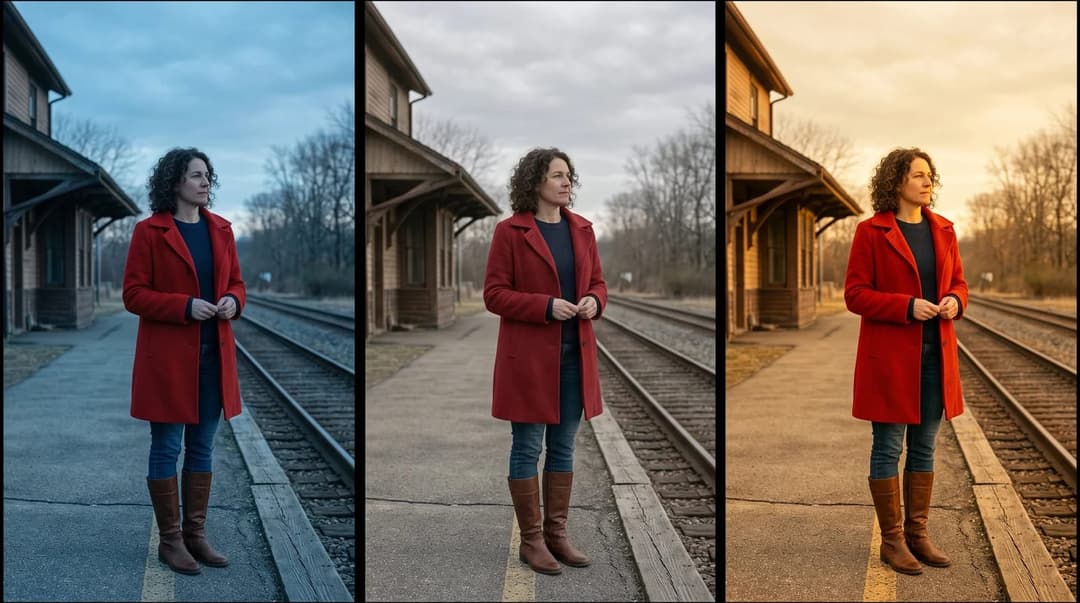 The image is a triptych, showing a woman standing on a train platform. The woman is dressed in a vibrant red coat, blue jeans, and brown boots. She is positioned on the left side of the image, facing towards the right. The train platform is made of concrete and is bordered by a wooden structure. The train tracks stretc
