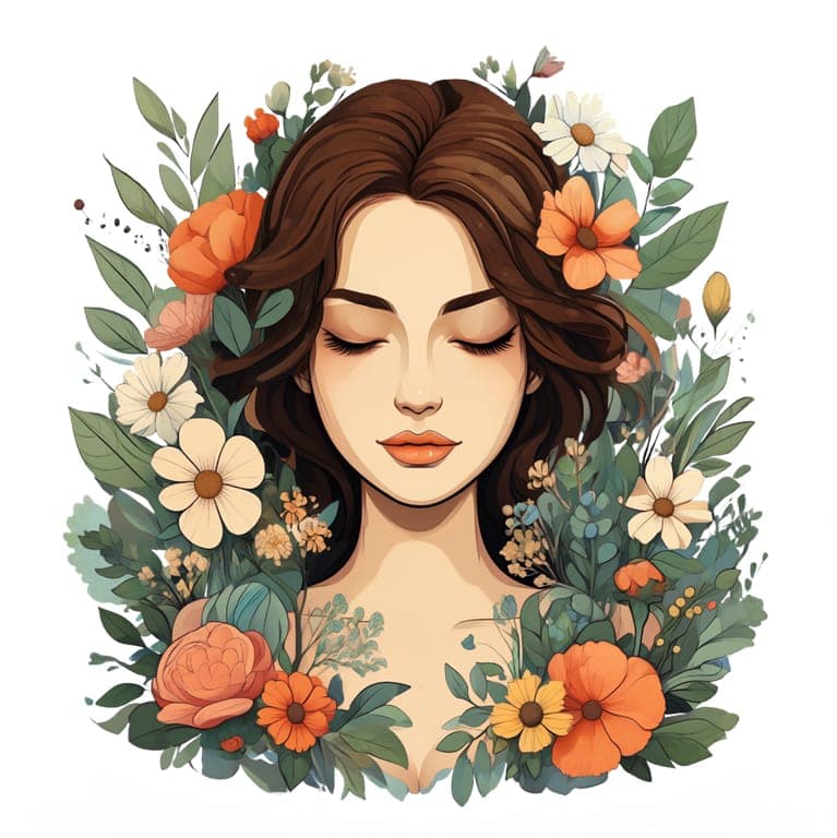 The image depicts a young woman with brown hair, her eyes closed, and a serene expression. She is adorned with a floral wreath composed of various flowers in shades of orange, white, and pink, interspersed with green leaves. The woman's face is centered in the image, and her neck and shoulders are visible. The backgrou