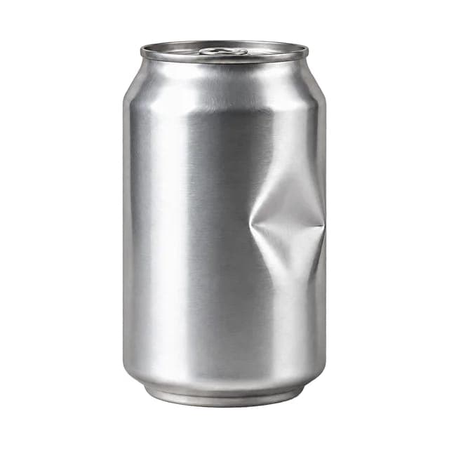 The image shows a single, silver aluminum can standing upright against a black background. The can has a slightly curved shape and a small, circular pull tab on the top. It is slightly tilted to the right. The can has a noticeable dent on its right side, which is a common feature of aluminum cans.