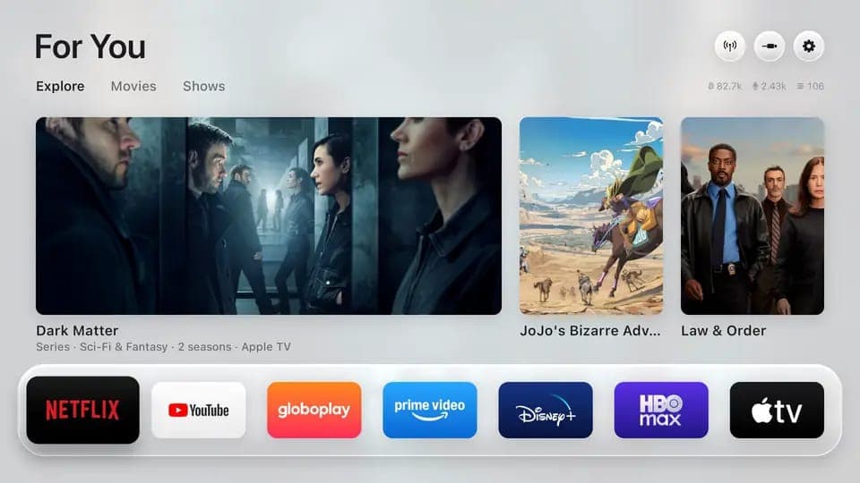 The image is a screenshot of an Apple TV interface, displaying the Netflix app. The top of the screen shows the title "For You" and the options "Explore", "Movies", and "Shows". Below the title, there is a list of movies and shows, including "Dark Matter", "Jojo's Bizarre Adventure... Law & Order", and "The Dark Knight