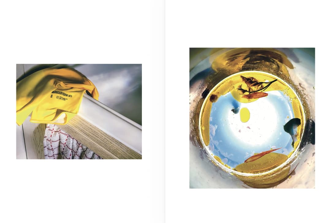 The image is a diptych, divided into two distinct sections. The left section shows a yellow garment, possibly a shirt or jacket, draped over a white surface, possibly a shelf or table. The right section features a glass bowl with a gold rim, filled with a variety of objects, including a small, round, yellow object, a s