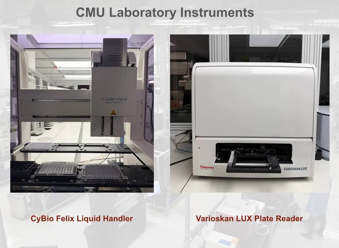 The image presents two laboratory instruments from CMU, a research university in Maryland, United States. On the left, a CyBio Felix Liquid Handler is shown, a piece of equipment used for handling and analyzing biological samples. On the right, a Varioskan LUX Plate Reader is displayed, a device used for analyzing biol