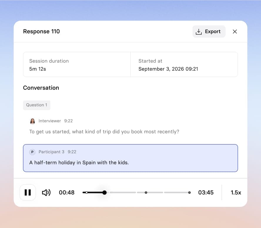 The image shows a screenshot of a conversation interface, likely from a mobile app or web application. The interface is divided into two sections: a chat window and a progress bar. The chat window displays a conversation between a user and an interviewer. The user's name is "Participant 3", and the interviewer's name i