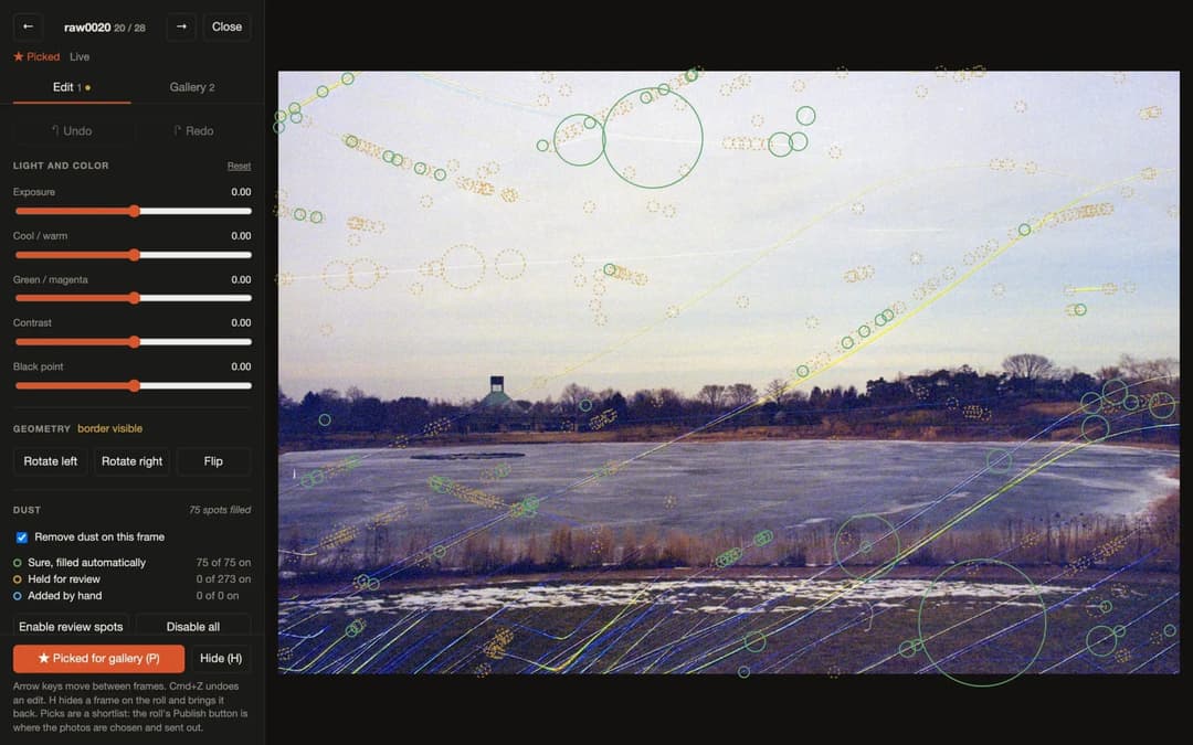 The image shows a screenshot of a photo editing software interface. The software interface is primarily black with white and orange text elements. The left side of the screen displays a "Picked - Live" menu, indicating the photo is currently selected. The right side of the screen shows a "Edit" menu, with a "Done" butt