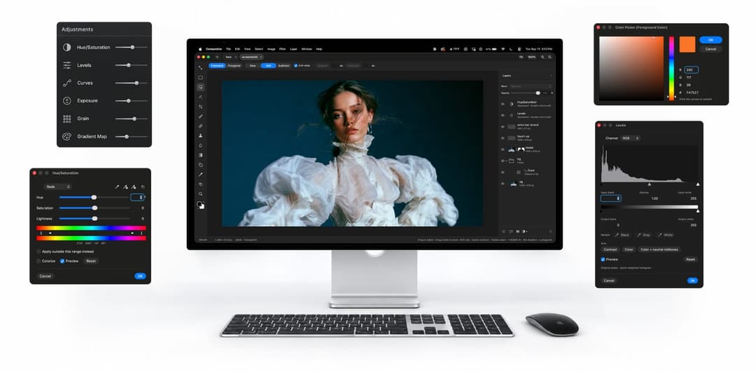 The image shows a computer setup with a large monitor displaying a portrait of a woman in a white, ruffled dress. The monitor is connected to a keyboard and mouse, and is positioned on a white desk. The monitor's screen is the central focus of the image, with several smaller windows surrounding it, each displaying a di