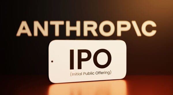 A glowing "ANTHROPIC" wordmark sits above a white smartphone displaying "IPO" with the subtitle "(Initial Public Offering)" against a dark, warm-lit background. The scene is a 3D render, with the phone reflected on a reddish surface.