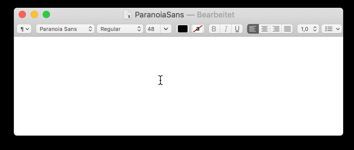 The image shows a screenshot of a Mac application, likely a word processing or document editing software, displaying the title "Paranoia Sans — Bearbeitet". The application is open, and the document is blank, with a single black "i" in the center. The application interface is primarily white with black text and icons.