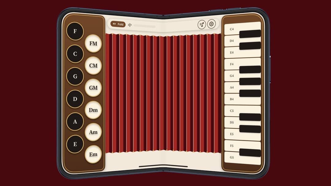 The image shows a foldable smartphone displaying a music app. The phone is open, revealing a vibrant red accordion-like instrument with a white background. The accordion has a brown cover with gold/yellow colored buttons. The app features a white background with a vertical red stripe pattern, and the keys are arranged