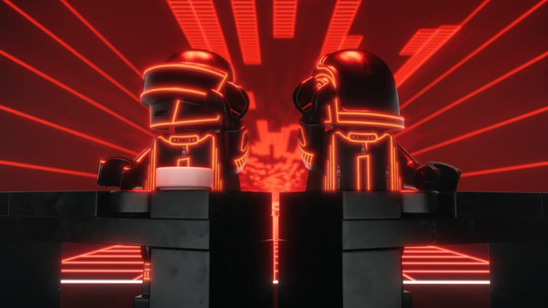 Two LEGO-style minifigures with helmets and glowing orange neon outlines stand behind black desks in a red, laser-lit scene. No text or brand is visible.