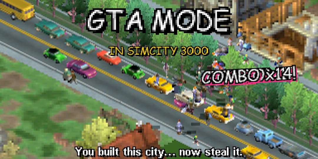 The image depicts a vibrant city scene from the video game GTA Mode: In SimCity 3000. The city is bustling with activity, featuring a variety of vehicles, including cars, buses, and trucks, traversing the roads. The cityscape is characterized by a mix of green and brown buildings, with trees scattered throughout the ar