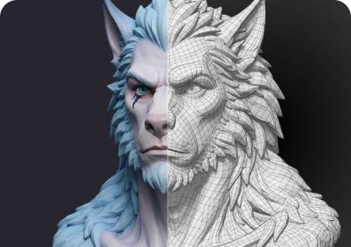 The image presents a 3D rendering of a wolf-like creature, split into two distinct halves. The left half of the creature is rendered in a realistic style, with a light blue/grey color scheme and a detailed texture that suggests fur. The right half of the creature is rendered in a wireframe style, with a black and white