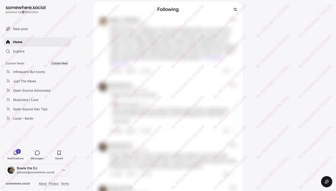 The image shows a screenshot of a social media platform, possibly Facebook, with a clean and minimalist design. The platform is powered by Mastodon and is hosted by @somewhere. The main content area displays a list of posts, including "Home", "Infrequent But Iconic", "Just The News", "Open Source Advocates", "Musicians