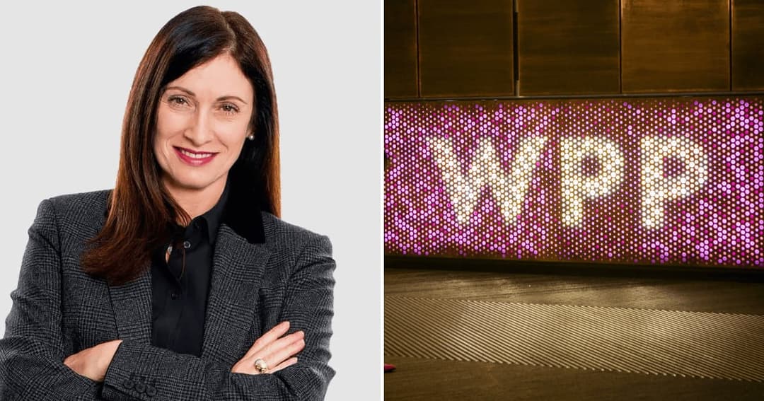A woman with long dark hair and a grey plaid blazer over a black shirt stands with her arms crossed against a light grey backdrop, shown beside a photo of an illuminated pink-and-white dotted sign reading "WPP".