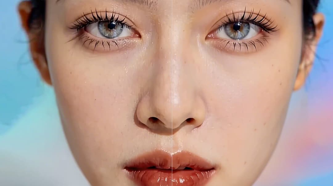 The image shows a close-up view of a person's face, focusing on their eyes and nose. The person has light blue eyes and a light to medium skin tone. Their lips are a shade of red or burgundy. The background is a soft, out-of-focus blend of blue and pink hues. The person's gaze is directed straight at the camera, creati