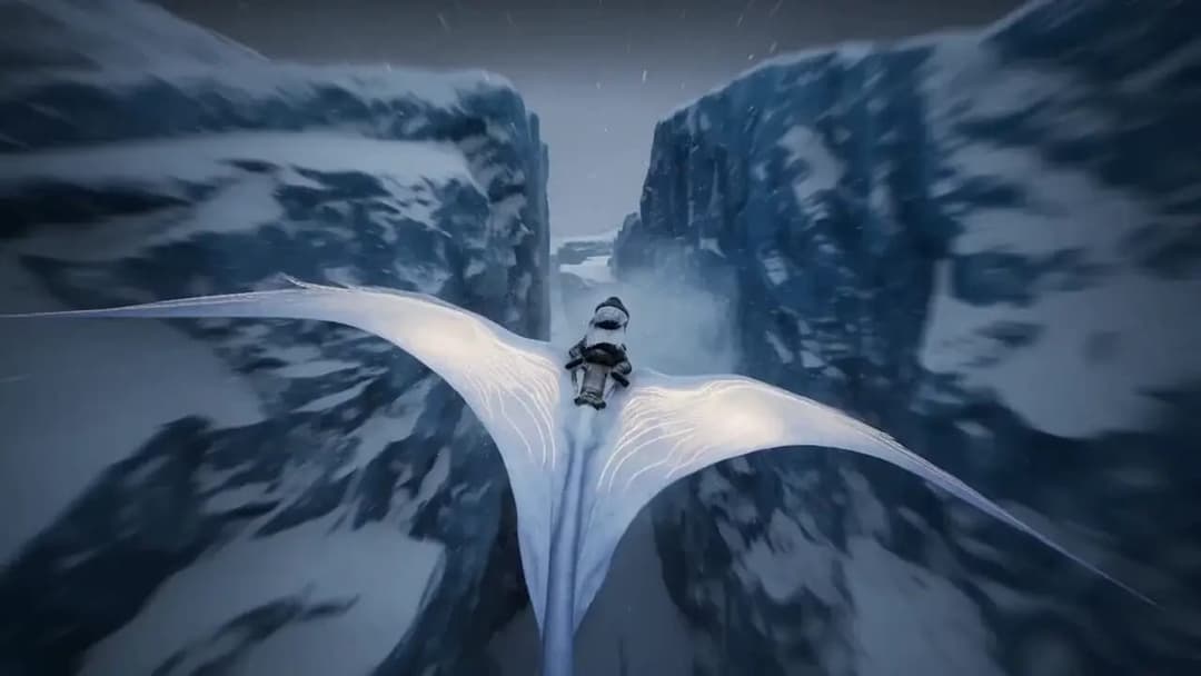 The image depicts a person riding a large, white, winged creature that resembles a dragon or mythical creature, soaring through a vast, snow-covered canyon. The person is wearing a dark-colored, possibly black, suit and is positioned centrally within the image. The canyon walls are primarily blue and white, with patche